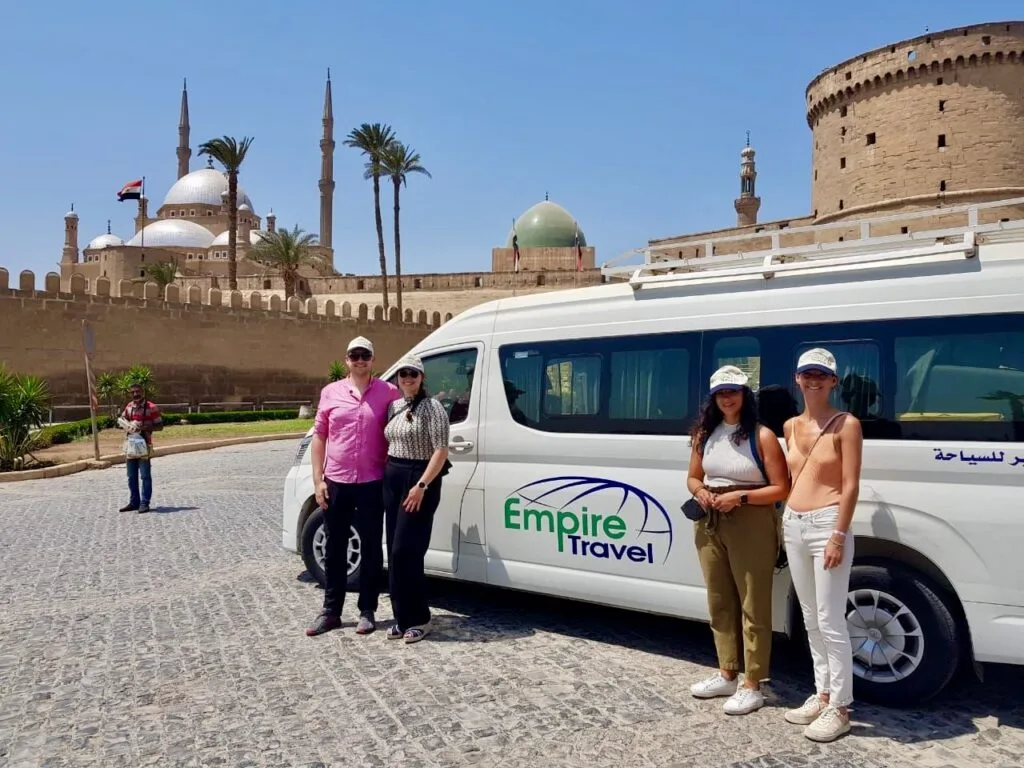 Tourists with an Empire Travel van at the Citadel and Mohamed Ali Mosque in Cairo