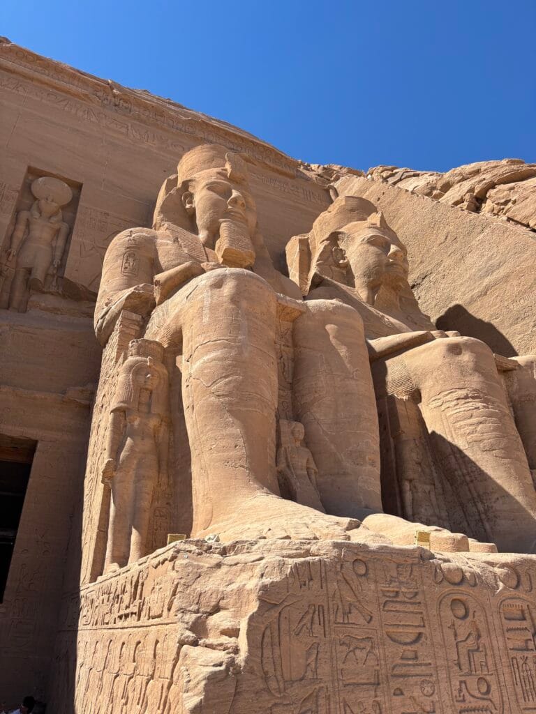 Colossal statues of Pharaoh Ramesses II at the entrance of Abu Simbel Temple in southern Egypt