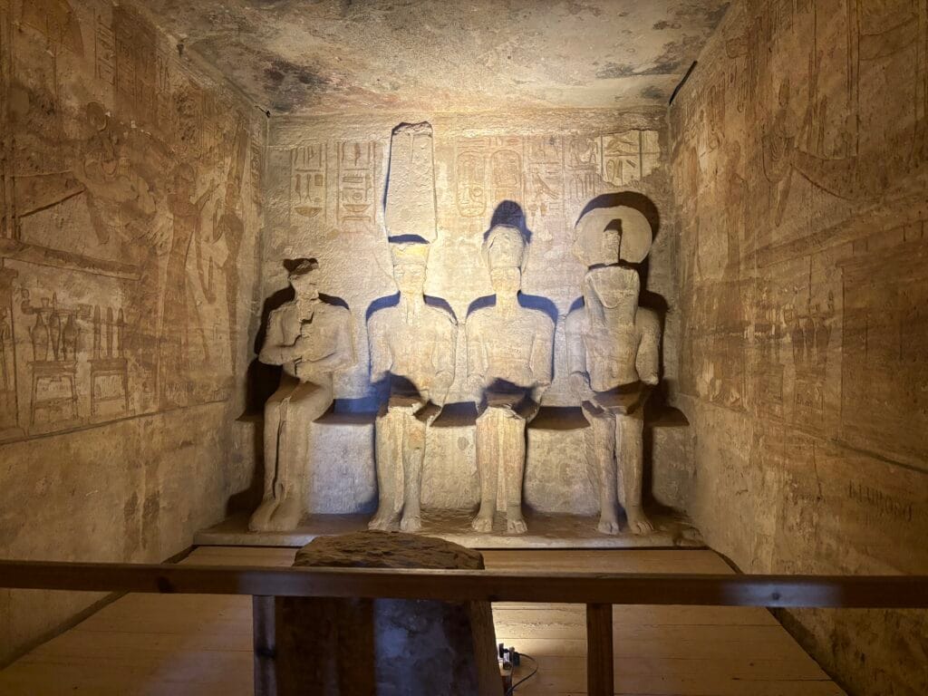 Statues in the inner sanctuary of the Great Temple of Ramesses II at Abu Simbel Egypt