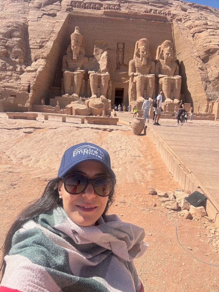 Visitor at Abu Simbel Temple of Ramesses II in southern Egypt
