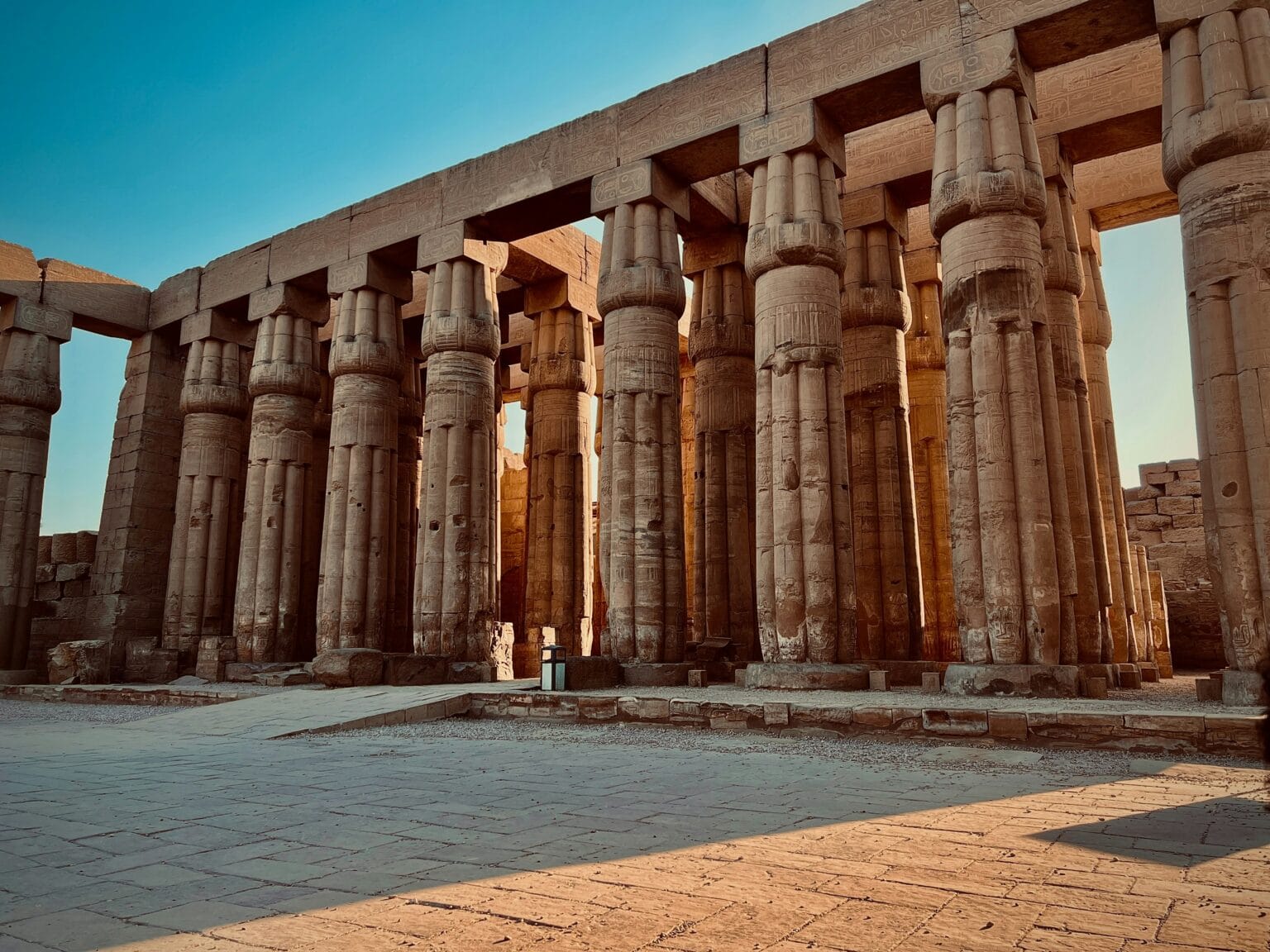 Massive sandstone columns inside Luxor Temple in Luxor Egypt