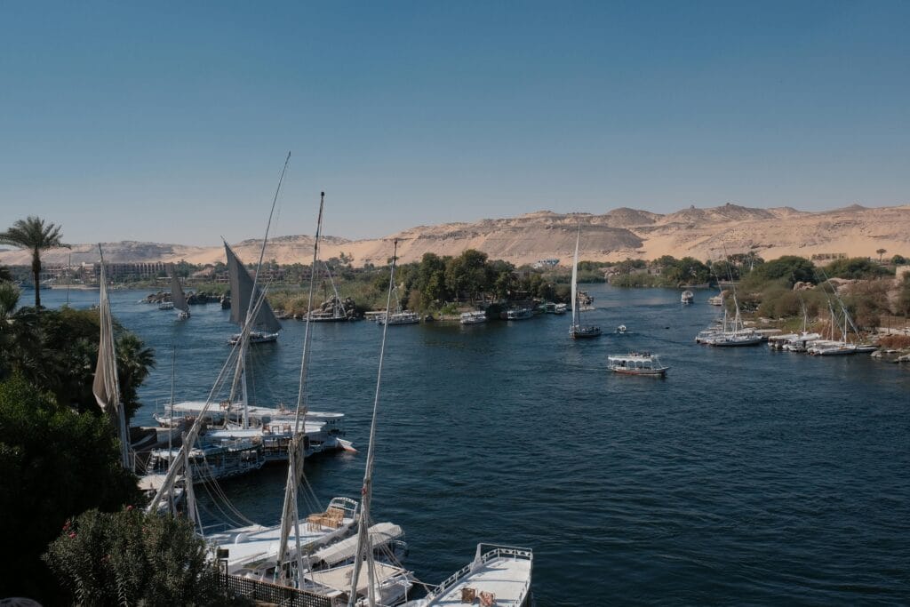 Felucca sailboats on the Nile River near Elephantine Island in Aswan Egypt