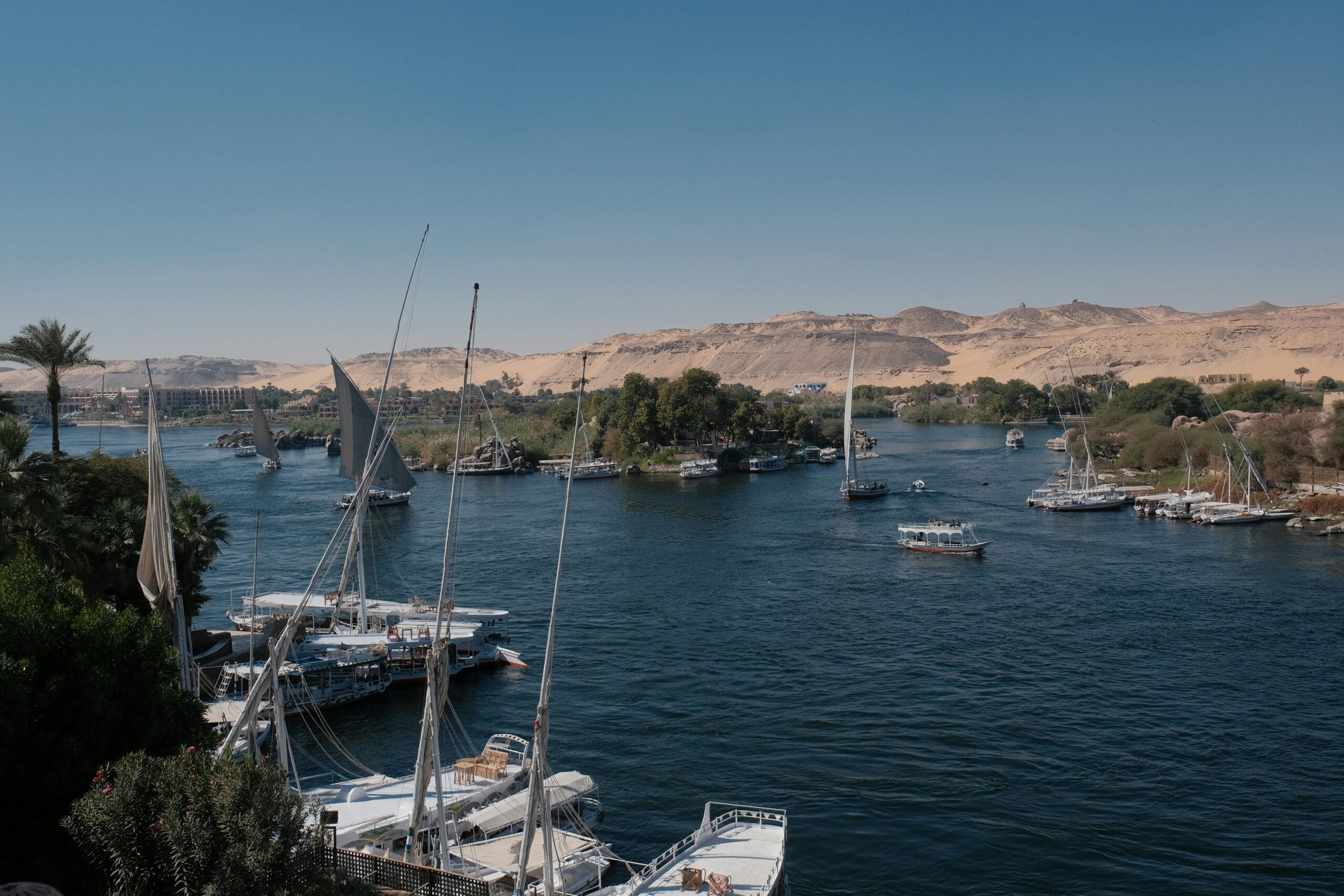 Felucca sailboats on the Nile River near Elephantine Island in Aswan Egypt